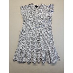 Banana Republic Women's Large Black White Leaf Print Cap Sleeve Tiered Dress